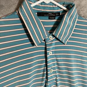 RLX Ralph Lauren Polo Shirt Mens Large Blue Striped Short Sleeve‎ Pullover Golf